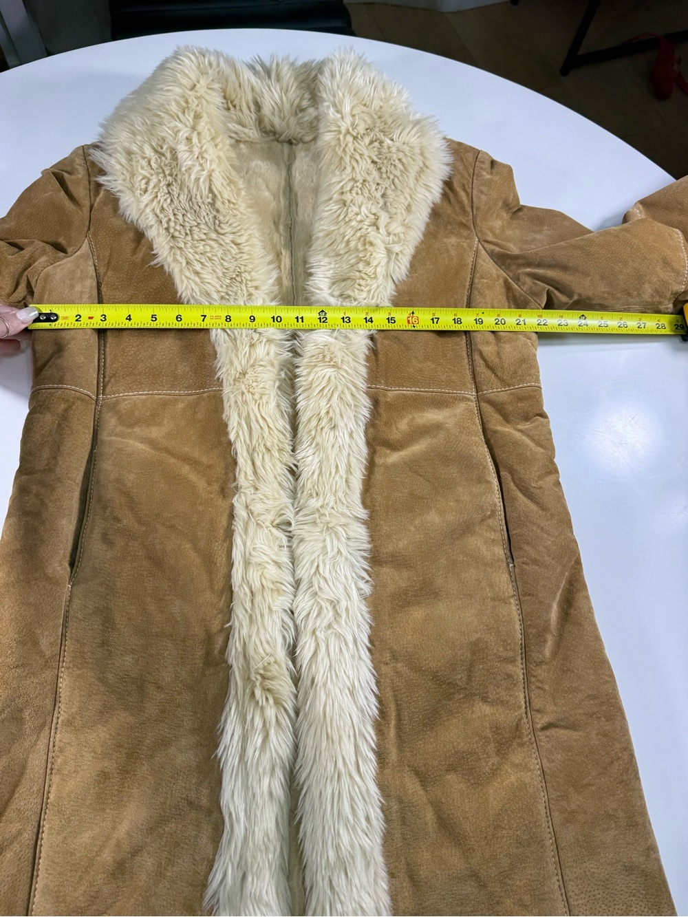 Penny Lane Brown Suede Shearling Coat with Cream Fur Trim - Picture 7 of 14